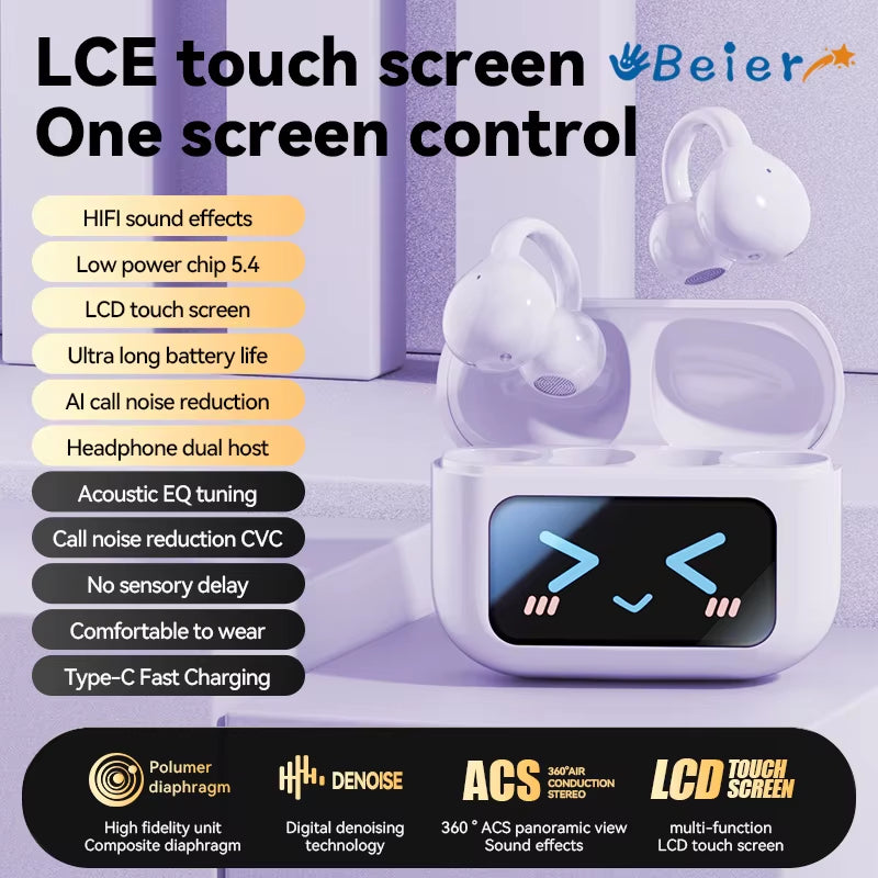 Beier M100 Clip Ear Wireless Bluetooth5.4 Earbuds Full Color LCD Touch Screen Noise Canceling Earphone Hifi Stereo Sound Headset