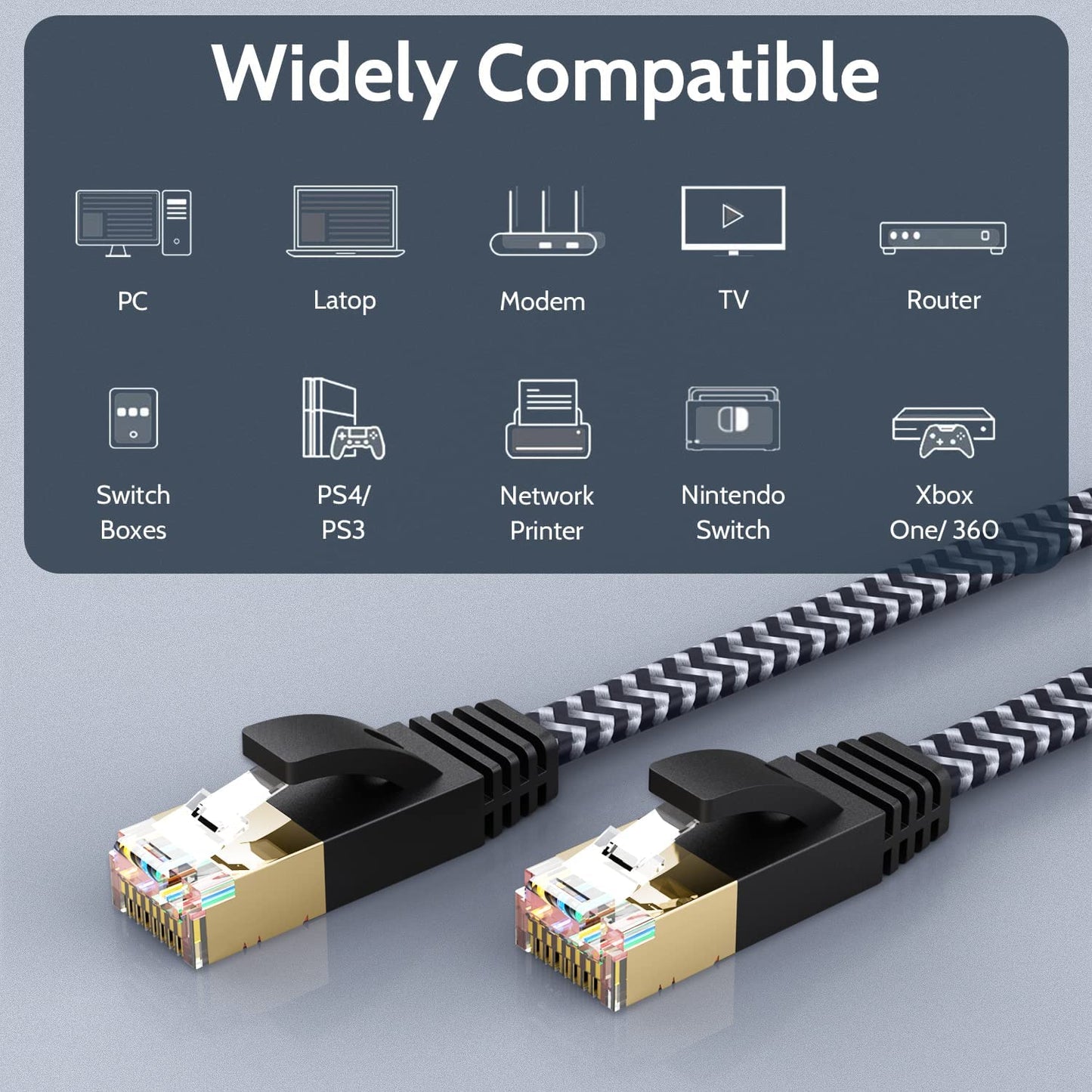 Cat 7 Ethernet Cable 10Ft – 10Gbps High-Speed, Premium Braided Flat Design, Reliable for Home, Office, Gaming, Streaming