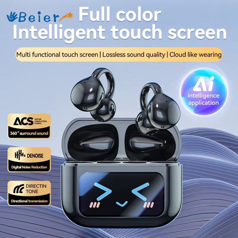 Beier M100 Clip Ear Wireless Bluetooth5.4 Earbuds Full Color LCD Touch Screen Noise Canceling Earphone Hifi Stereo Sound Headset